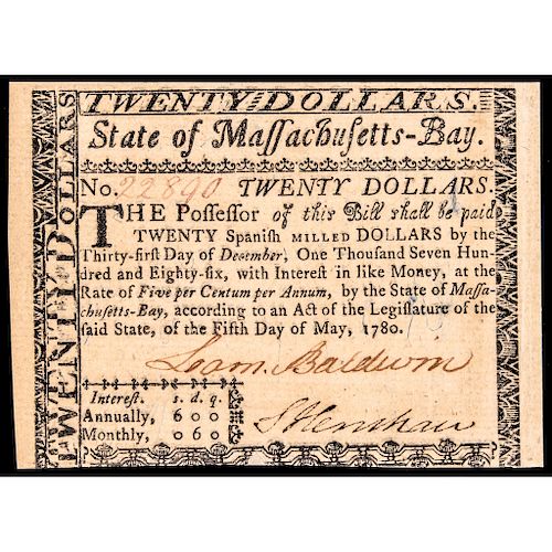 Colonial Currency COLONEL LOAMMI BALDWIN Signed 1780 MASS Note