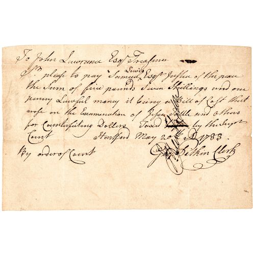 1783 Payment - Examination of Jesse Tuttle and others for Counterfeiting Dollars