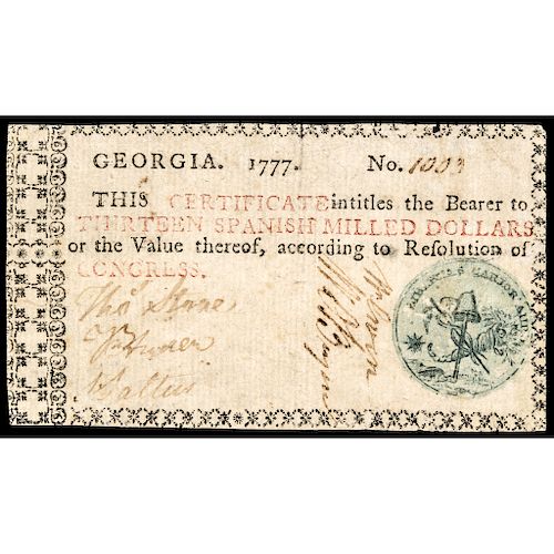 Colonial Currency, Georgia 1777 13 Dollars Liberty Cap/Cornucopia Seal PCGS VF20