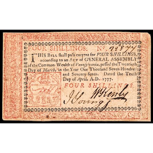Colonial Currency, PA. April 10, 1777, 4 Shillings Red + Black Printed Text Note