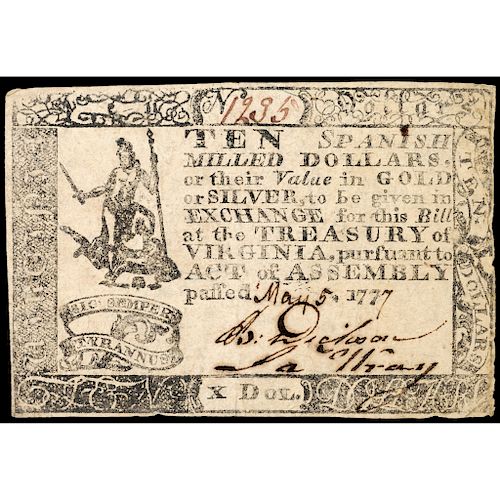 Colonial Currency, VA, May 5, 1777 Ten Dollars