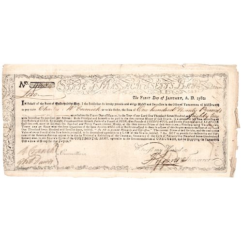 January 1, 1780-Dated Revolutionary War. Massachusetts Treasury Certificate. 