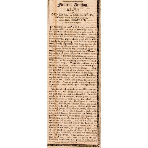 Jan 16, 1800 GEORGE WASHINGTON Memorial Newspaper With Major Henry Lee's Oration