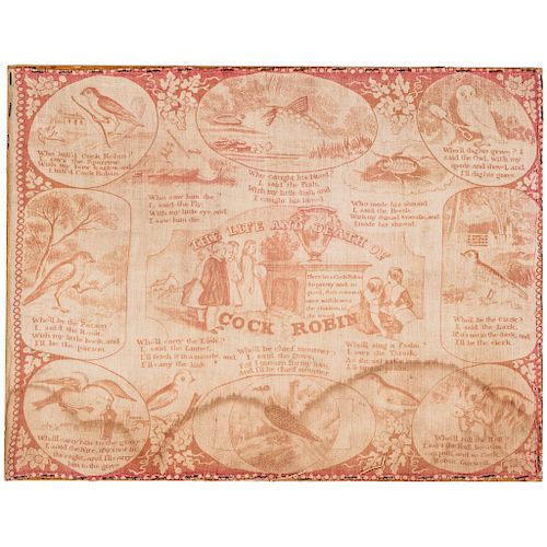 c 1820 Antique Red Print: The Life And Death of Cock Robin, Childs Handkerchief
