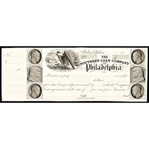 Extremely Rare. Southern Loan Company of Phila. Interest Bearing Post Note Proof