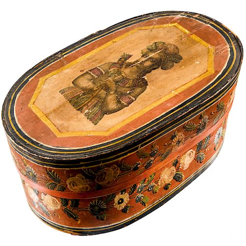 c 1840 Handpainted Decorative Bentwood Brides Box with a Native American Indian