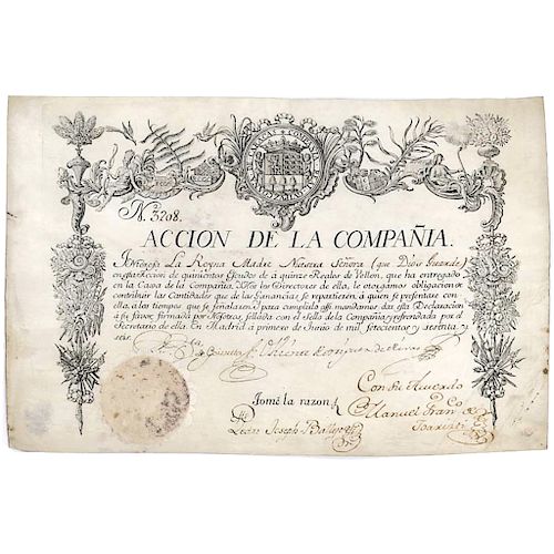 1766 Historic Spanish Trading Company Stock Issued To The Queen Mother Of Spain!