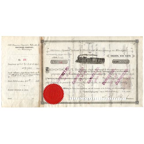 1888 Atchison, Topeka + Santa Fe Railroad Stock Certificate Locomotive Vignette