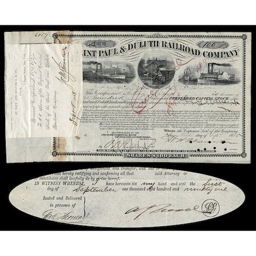 ANTHONY J. DREXEL Signed St. Paul + Duluth Railroad Stock Certificate