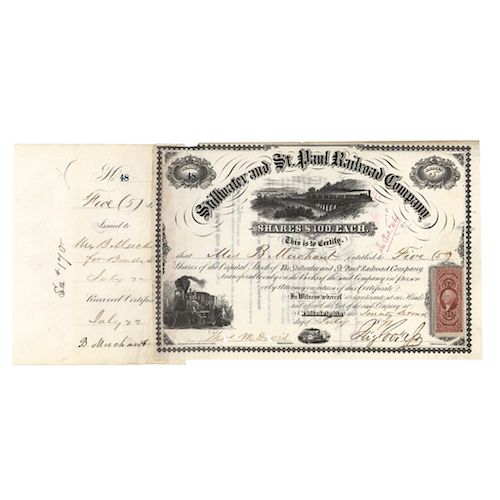 1871 Stillwater + St. Paul Railroad Stock Signed By JAY COOKE, JR. as President