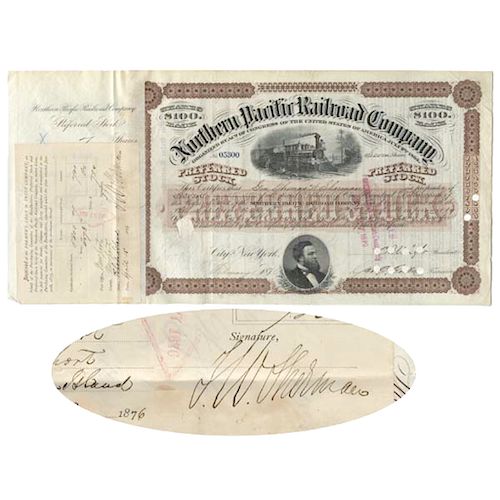 1876 Union GENERAL THOMAS W. SHERMAN Signed N. Pacific Railroad Stock Cert.