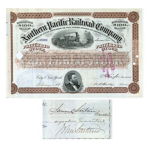 1876 Rare Northern Pacific Railroad Stock Signed JOHN SARTAIN + SAMUEL SARTAIN
