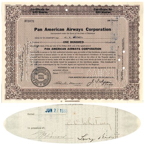 1933 Pan Am Airways Stock Certificate Issued to and Signed CORNELIUS V. WHITNEY 