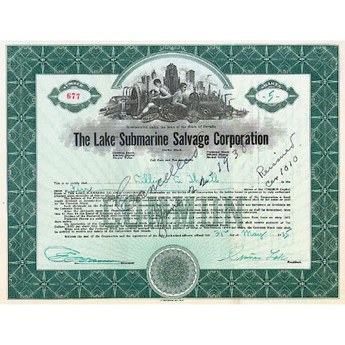 1935 SIMON LAKE Signed, Lake Submarine Salvage Corporation, Stock Certificate