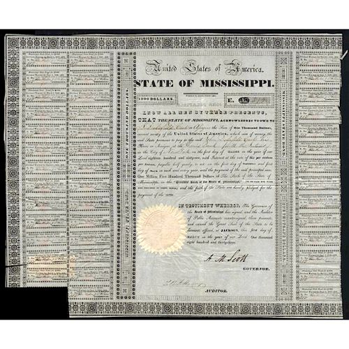 1833-Dated State Of Mississippi $1,000 Bond Bearing Interest at 6%