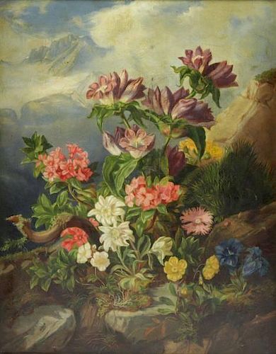 19th C. Oil on Canvas. Flowers and Bee in
