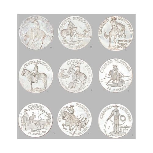 A COLLECTION OF SILVER MEDALS: "CHARRO MEXICANO". MEXICO, 20TH CENTURY.  Marked: "LR 76". Pieces: 9.