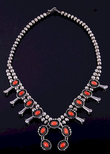 Navajo Coral Silver Squash Blossom Necklace
