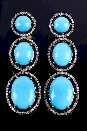 Mid-Century Turquoise & Diamond Dangle Earrings
