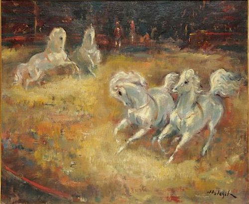 DE HOLESCH, Denes. Oil on Canvas of Circus Horses.