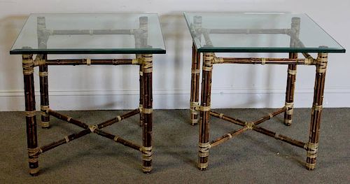 Pair of Vintage Bamboo Side Tables with Glass Tops