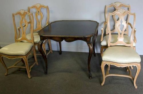Vintage Leather Top French Style Card Table & 4