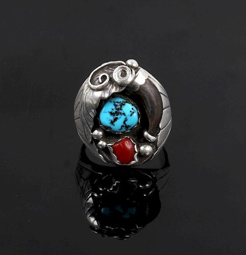 Signed Navajo Sterling Silver Turquoise Coral Ring