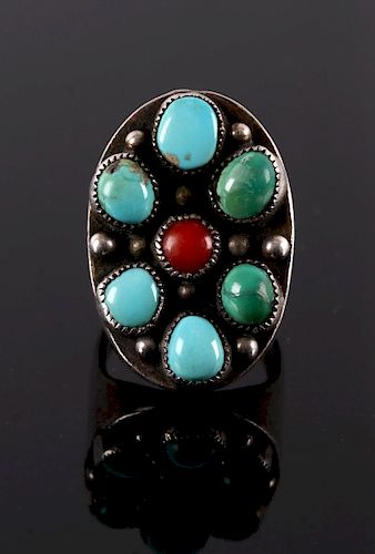 Navajo Turquoise, Coral & Silver Ring