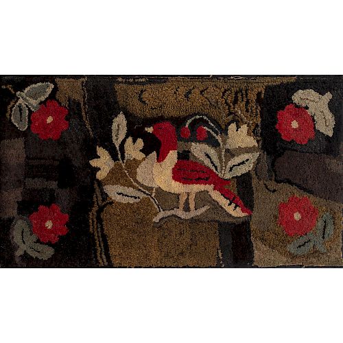 Hooked Rug with Bird and Stump Work Wreath