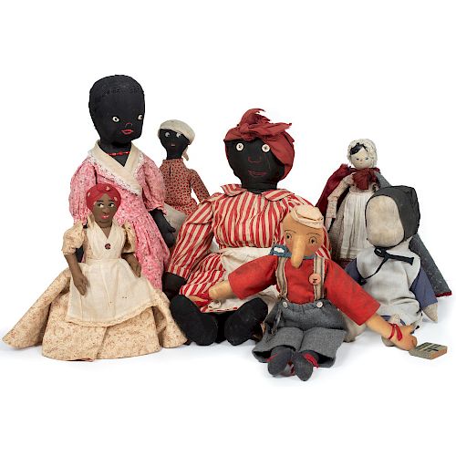 Collection of Cloth Dolls and Wooden Doll, Including Pinocchio