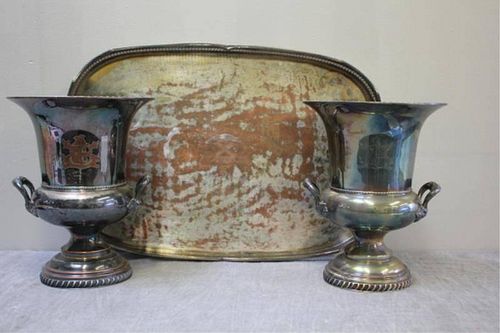 SILVERPLATE. Vintage Tray and Pair of Ice Buckets.