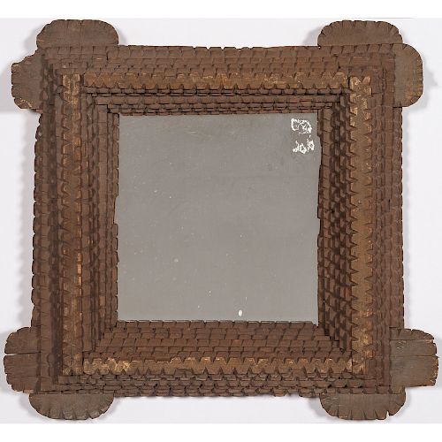 Tramp Art Mirror and Folk Art Carved Frame with Doves