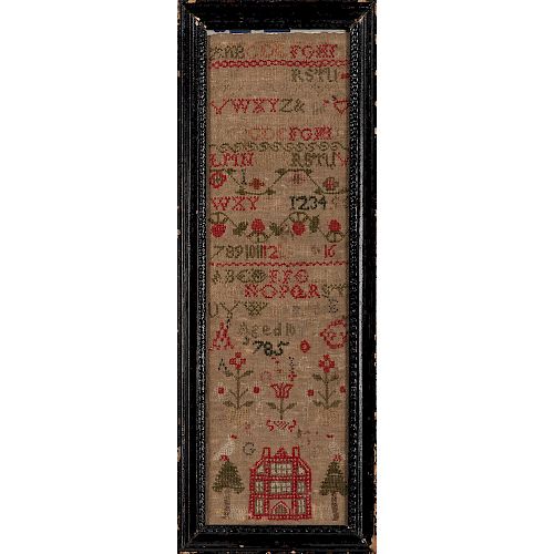 English Sampler with House and Tree Decoration, Dated 1785