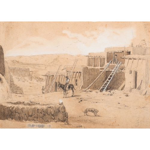 Pencil Drawing of a Zuni Reservation Scene, Style of Peter Moran