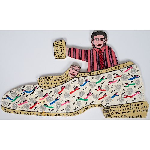 Carved and Painted Wooden Shoe By Howard Finster
