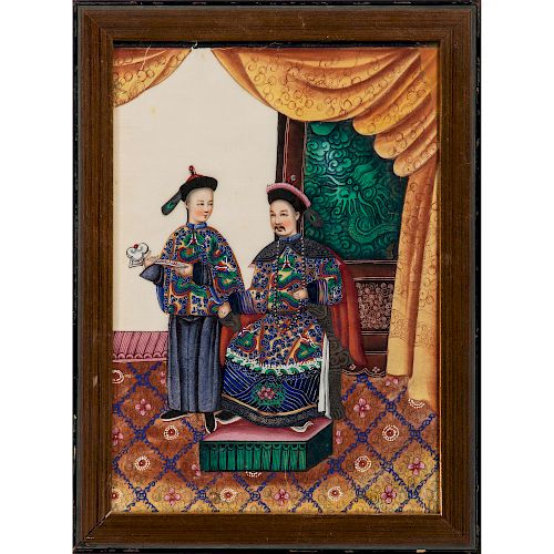 Chinese Export Watercolor of a Seated Mandarin and his Son