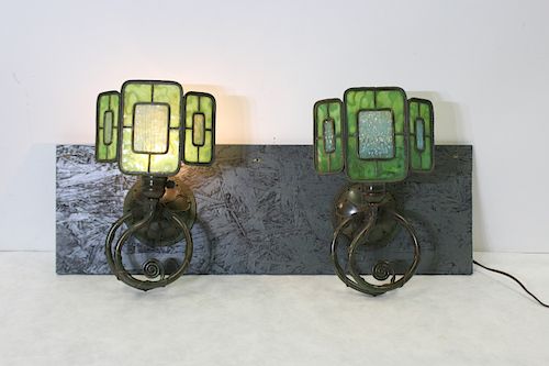 TIFFANY STUDIOS  Attributed To Pair Of Three Panel