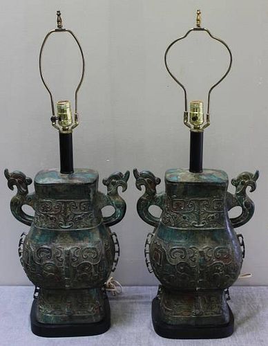 Pair of Asian Bronze Urns Mounted As Lamps.