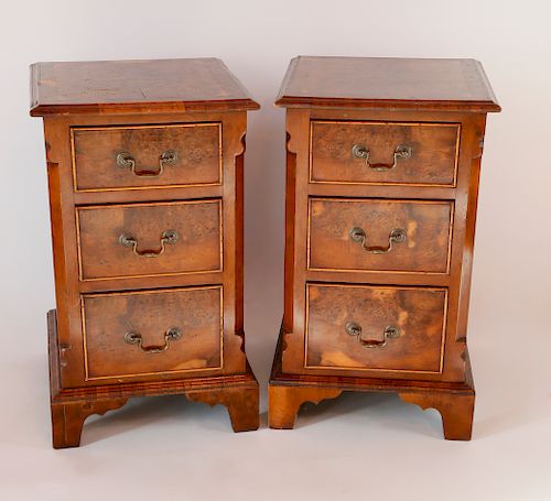 Pair of Antique English Burlwood Three-Drawer Chests of Drawers