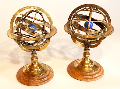 Pair of Early 19th c. French Brass Armillary Spheres on Turned Wood Bases