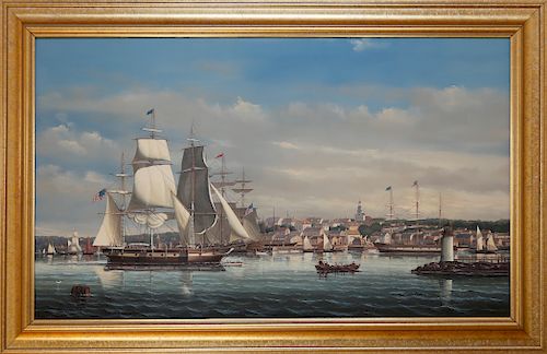 Salvatore Colacicco Oil on Board "Nantucket Harbor as Depicted in the 1850s"
