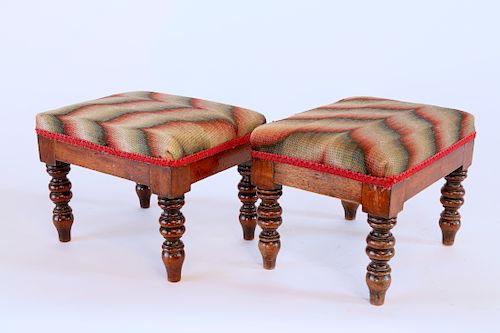 Pair of English Upholstered Flame Stitch Footstools