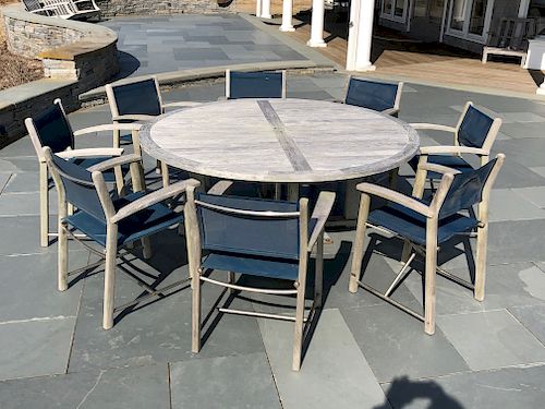 Round Teak Dining Table and 8 Assembled Chairs with Blue Woven Seats and Backs