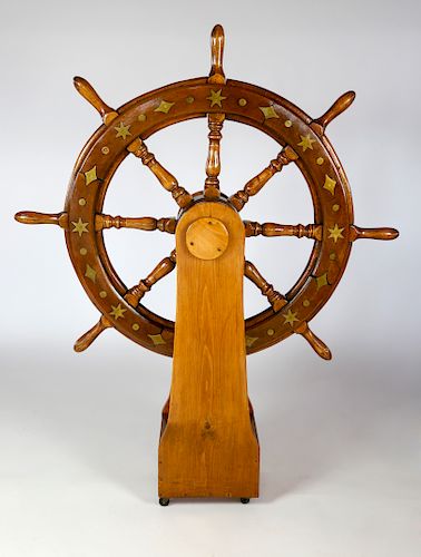 Brass Stars, Diamonds and Dots Inlaid Mahogany Yacht Wheel on Custom Stand