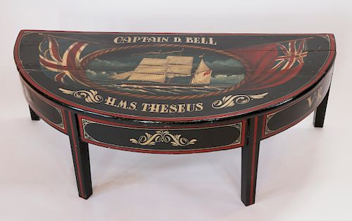 Antique Style "H.M.S. Theseus Captain D. Bell" Nautical Decorated Demilune Table