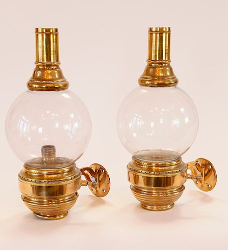 Pair of Brass and Glass Globe Light Fixtures