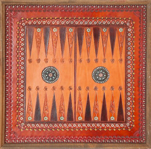 Vintage Painted and Tooled Leather Backgammon Board