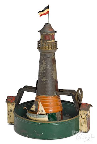 Painted tin lighthouse steam toy accessory