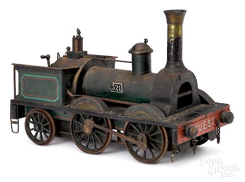 French painted tin and wood train locomotive