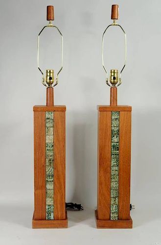 Pair 1960's Teakwood & Tile Table Lamps